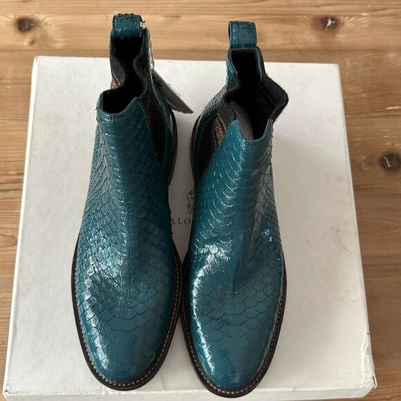 BRUNELLO CUCINELLI Size 37 EU Pull On Chelsea Boots EMERALD PYTHON LEATHER NEW - Picture 7 of 11